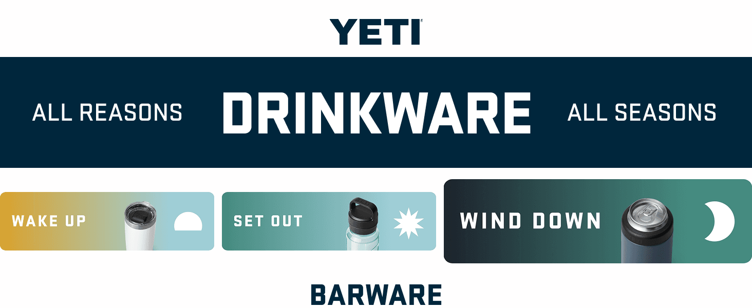 Demonstrates the versatility of YETI drinkware by showing three distinct usage occasions throughout the day (wake up, set out, wind down), helping shoppers understand when and how to use the products.