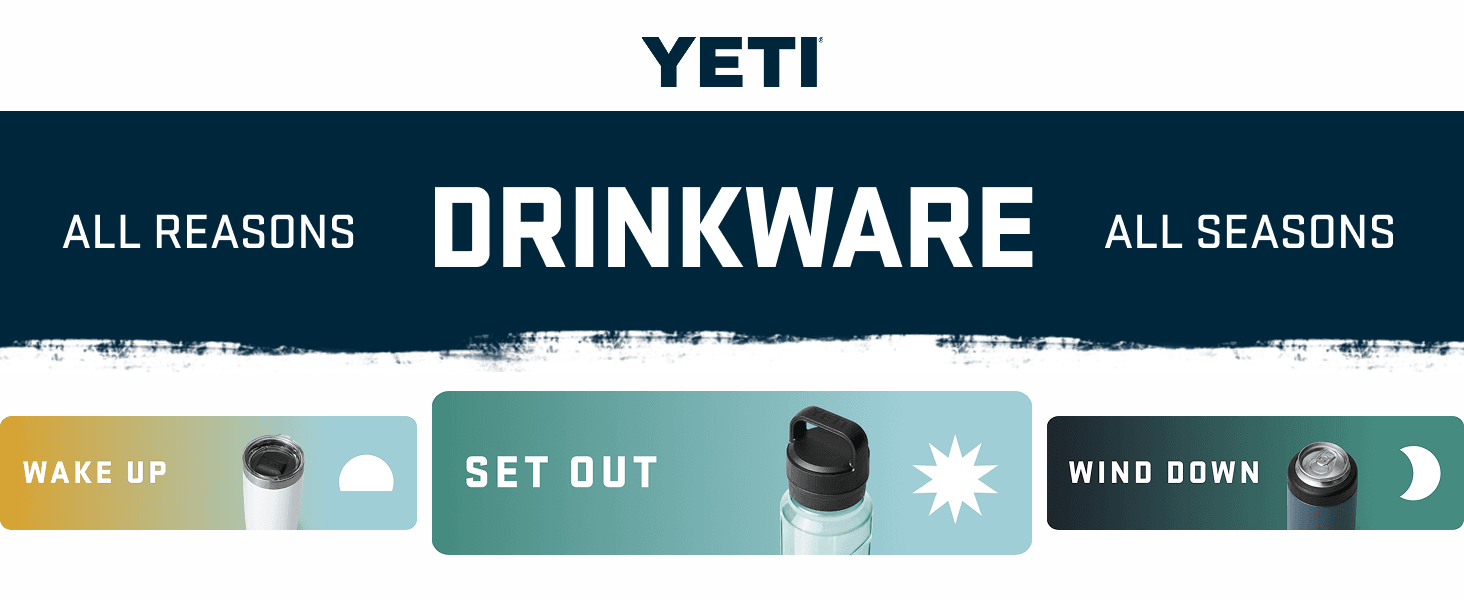 Demonstrates the versatility of YETI drinkware by showing three distinct usage occasions throughout the day, helping shoppers understand the product works for all their beverage needs across…