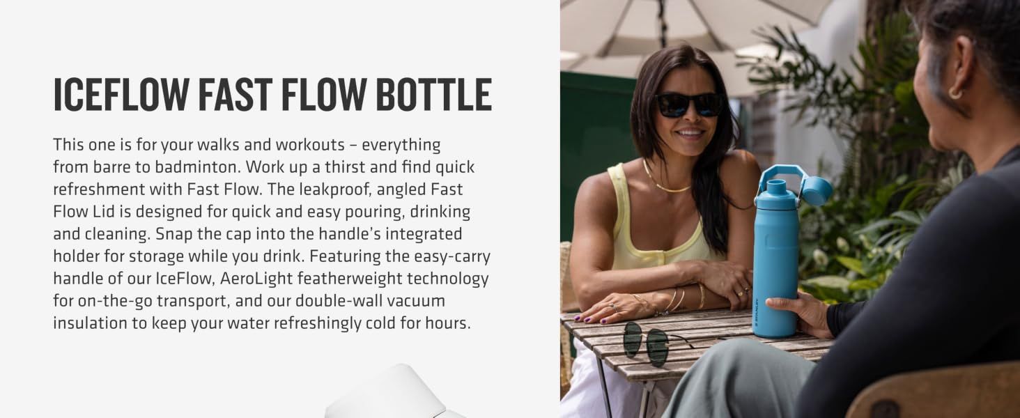 Highlights the Fast Flow Bottle feature with descriptive text explaining its benefits for walks, workouts, and on-the-go hydration, while showing the product in a real-world lifestyle context to…