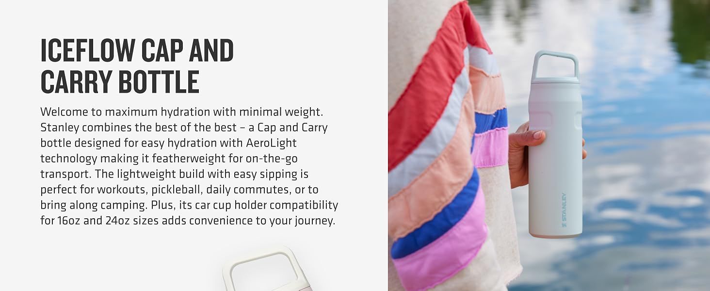 Communicates the product's lightweight construction and portability benefit, emphasizing easy hydration for on-the-go activities like workouts, commutes, and camping. Shows the product in a…