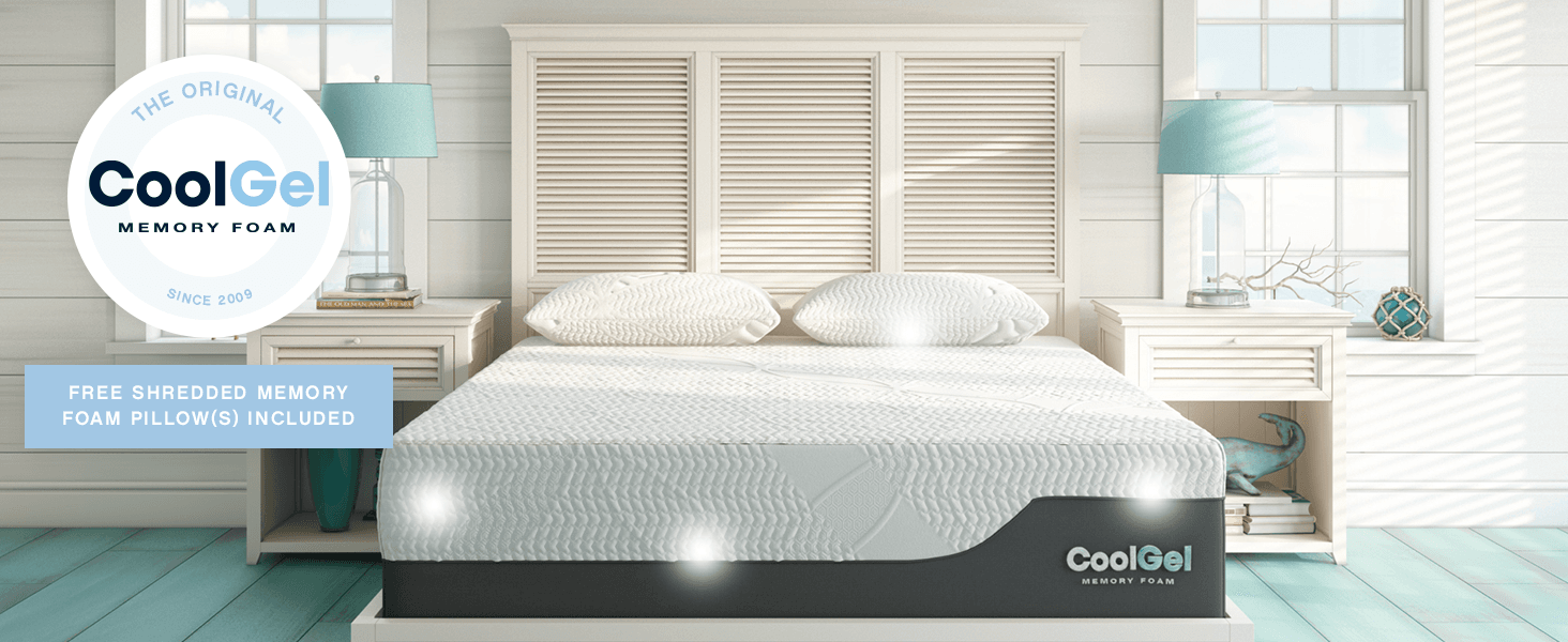 Establishes brand identity and recognition by prominently displaying the CoolGel Memory Foam logo and branding to build trust and awareness with shoppers. Shows the mattress in a beautifully styled…