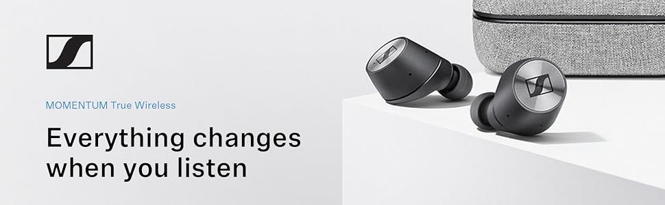 Uses the Sennheiser logo and the tagline Everything changes when you listen to build brand identity and emotional trust.