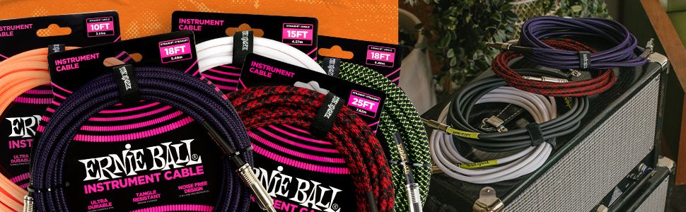 Shows the full range of instrument cables in several colors to reinforce the brand's product line and variety.