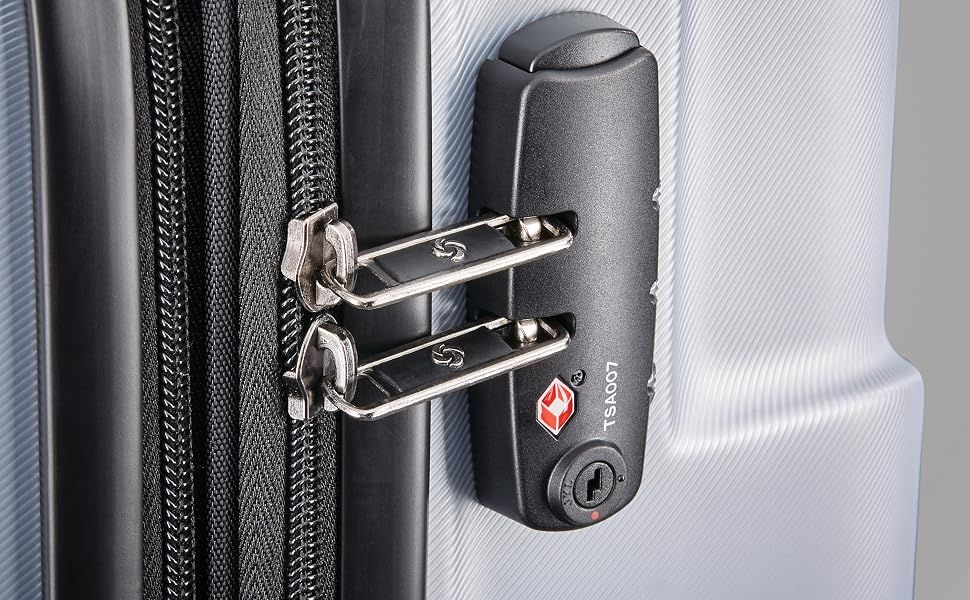 Close-up of the built-in TSA-approved lock shows shoppers the suitcase is secure for airport travel.