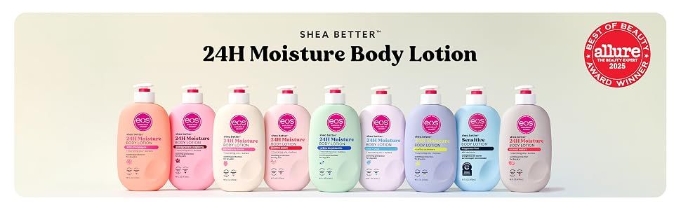 Shows the full 24H Moisture lotion range side by side to reinforce brand breadth and a Best of Beauty award for trust.