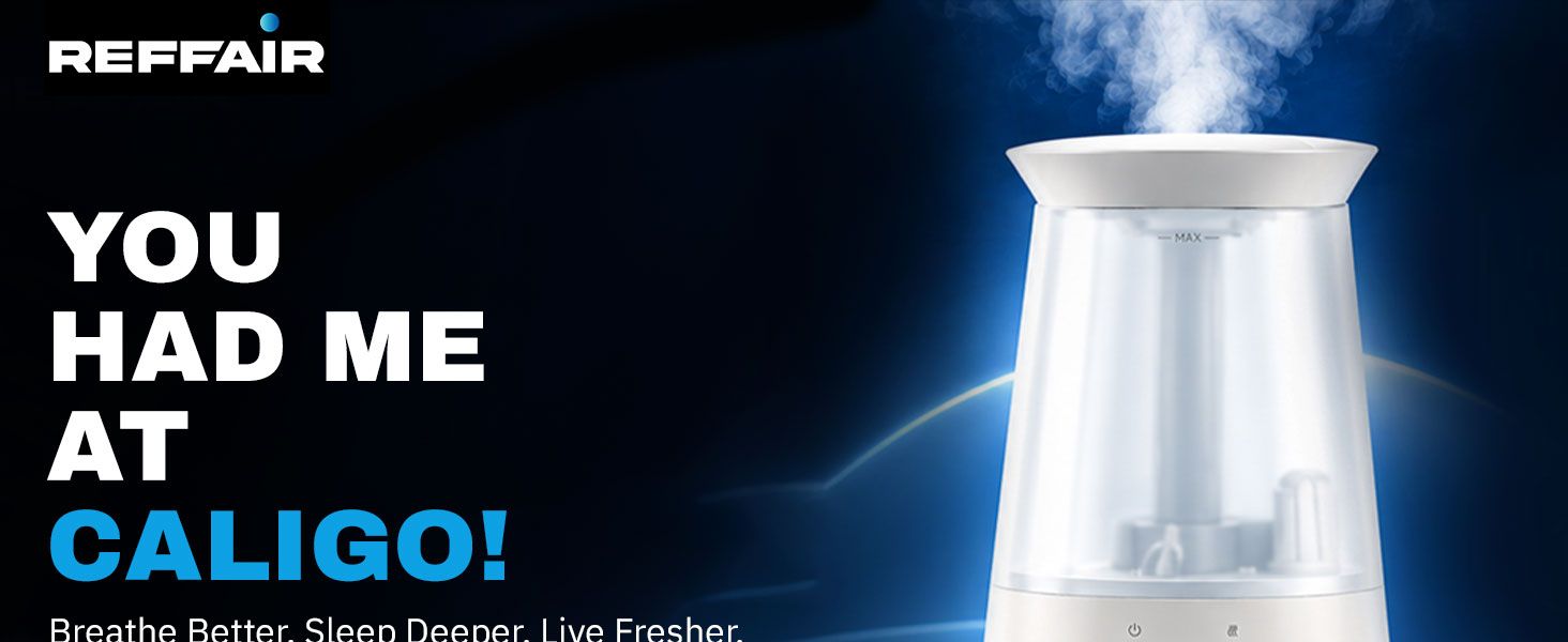 Introduces the REFFAIR brand and its CALIGO humidifier with a bold slogan that builds brand recall and emotional connection. Reinforces the promise of better breathing, deeper sleep, and fresher…