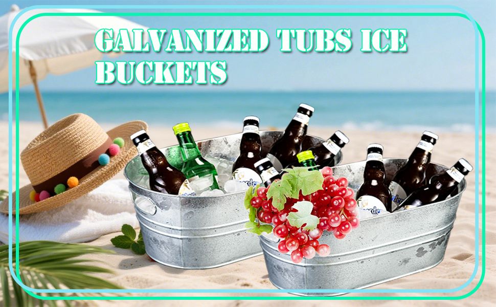 Shows the galvanized tubs filled with bottled drinks on a sunny beach to help shoppers envision using them for summer gatherings.