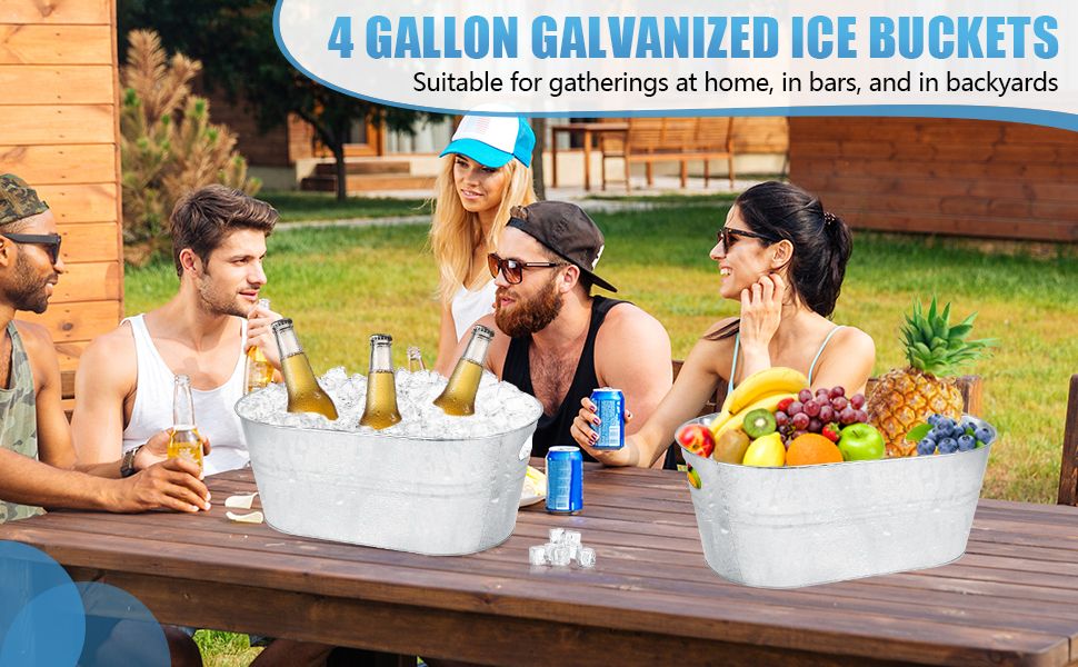 Shows the galvanized ice buckets in real backyard gathering scenes so shoppers can picture using them for parties and entertaining.