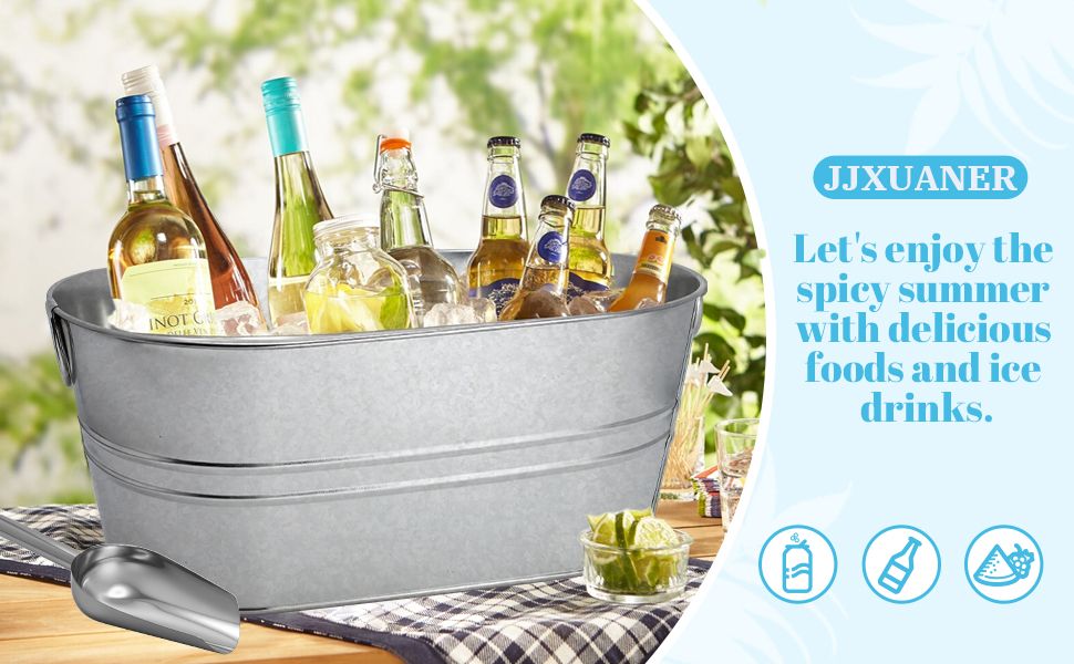 Shows the galvanized tub filled with drinks on an outdoor table to help shoppers picture it at summer gatherings.