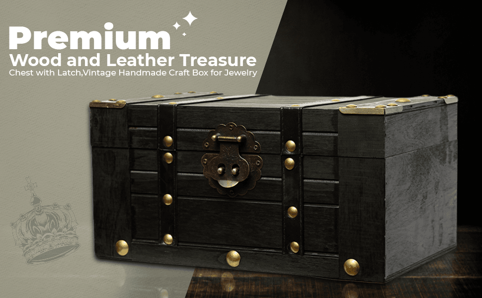 Shows the vintage treasure chest in a moody styled setting to help shoppers envision its aesthetic appeal.