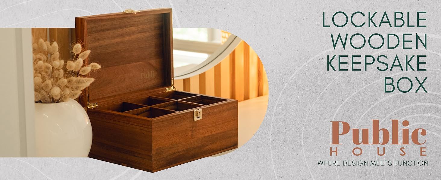 Presents the Public House brand with its logo and tagline Where Design Meets Function to build brand identity and trust alongside the lockable wooden keepsake box. Shows the wooden keepsake box…