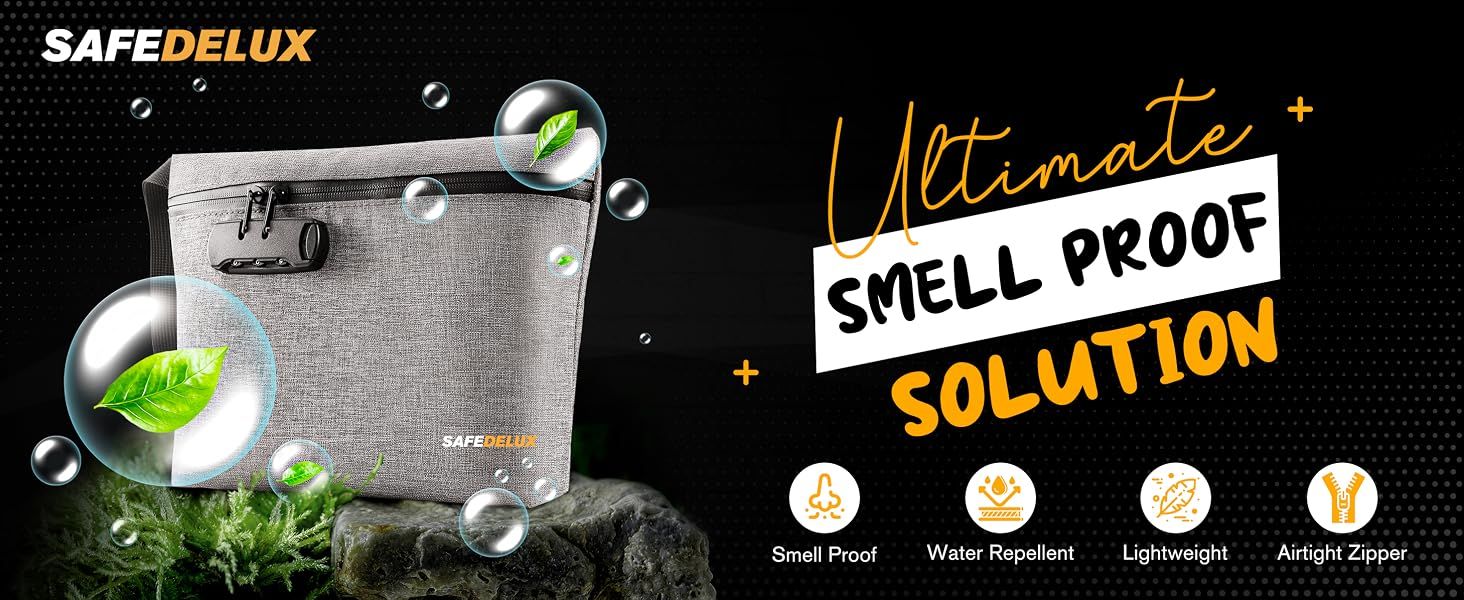 Highlights four key selling points of the smell proof bag in a segmented icon row so shoppers quickly see its odor control, water resistance, light weight, and airtight zipper benefits. Places the…