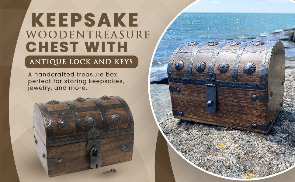 Shows the treasure chest placed on a rocky coastal shore to help shoppers envision it as a decorative keepsake display piece.