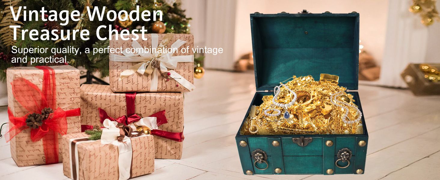 Shows the vintage wooden chest filled with gold jewelry beside wrapped gifts in a festive home setting to help shoppers envision it as a decorative keepsake or gift. Text overlay claims superior…