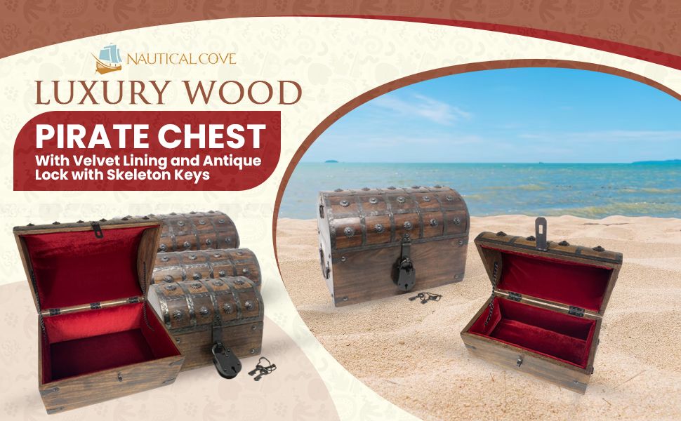 Presents the Nautical Cove brand name and a luxury pirate chest product line with a lineup of sizes to help shoppers recognize the brand and choose an option. Shows the pirate chests in a beach…