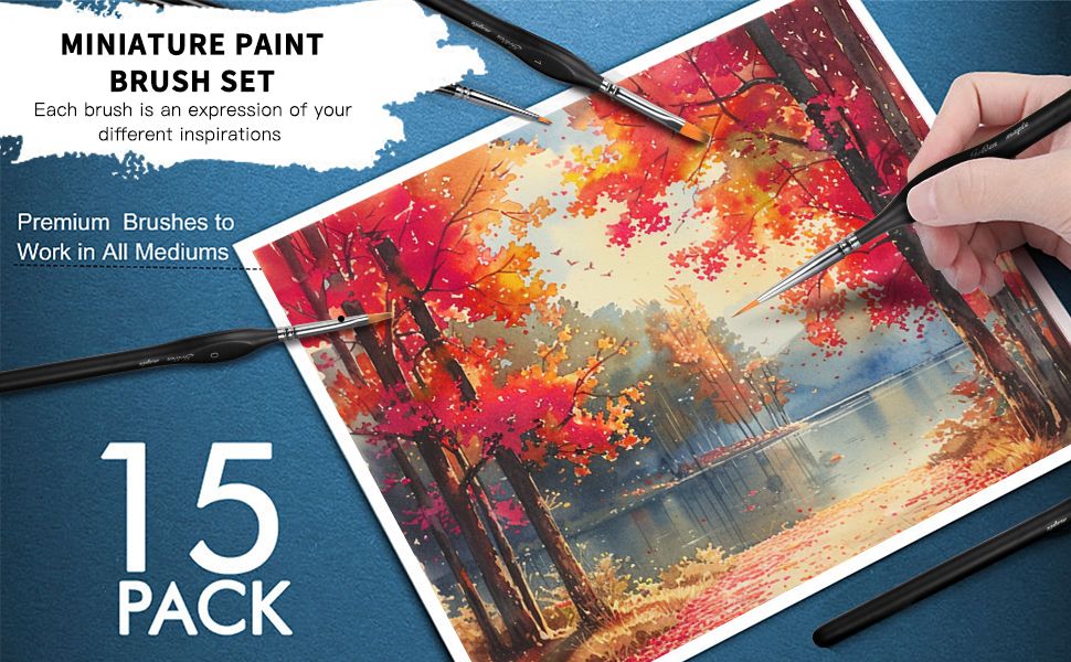 Shows the brush set being used across different painting mediums and creative scenarios to convey versatility for artists. Presents the miniature paint brush set as a 15 pack collection that…
