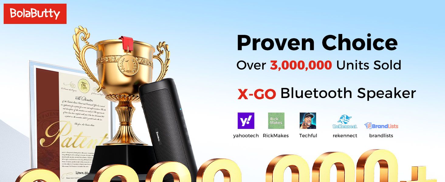 Builds brand credibility by pairing a trophy, patent certificate, and 3,000,000+ units sold claim with third-party media logos to reassure shoppers that BolaButty is a trusted leader. Shows the X-GO…
