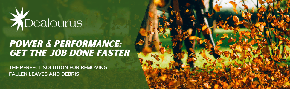 Positions the leaf blower as a high performance tool that gets yard cleanup done faster for shoppers. Reinforces speed and power as the core selling point. Presents the Dealourus brand name and logo…