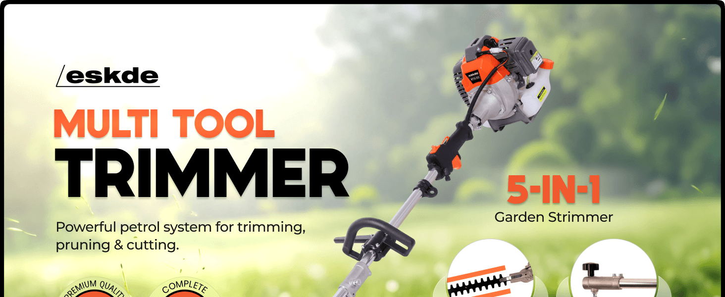 Highlights the multi-tool trimmer as a 5-in-1 garden tool with a powerful petrol engine and attachments so shoppers see its versatility and quality at a glance. Uses quality badges to reassure…