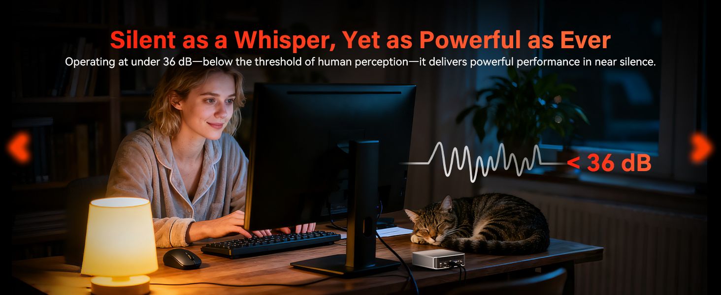 Shows the mini PC running under 36 dB in a quiet home office so shoppers know it will not disturb them during work. Places the device in a relaxed home workspace setting to help shoppers picture it…