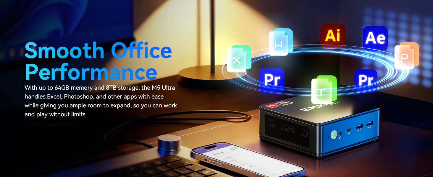 Shows the mini PC running many common work and creative apps at once to reassure shoppers it handles everyday office and creative tasks smoothly. Highlights that up to 64GB memory and 8TB storage…