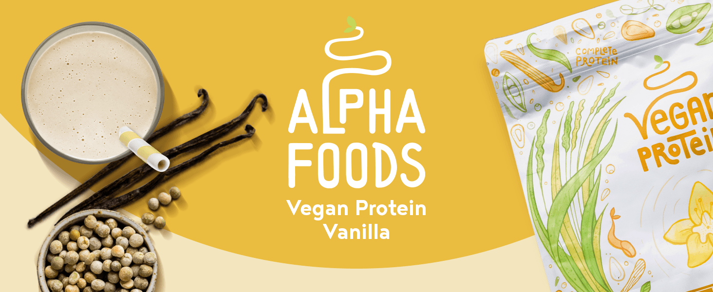 Presents the Alpha Foods logo and the Vegan Protein Vanilla product name to establish brand identity and recognition for shoppers.