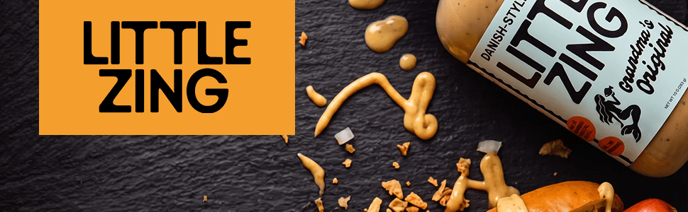 Establishes the Little Zing brand identity with a bold logo banner next to a styled product shot of the Danish-style Grandma's Original sauce bottle, building brand recognition and trust.