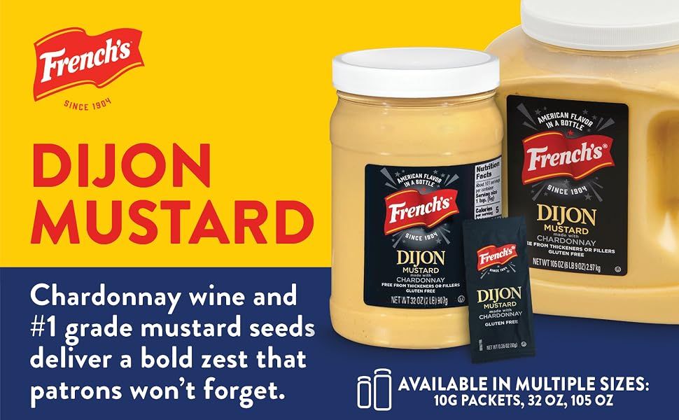 Highlights the Chardonnay and mustard seed flavor and the multiple package sizes so shoppers know the bold zest and purchase options. Reinforces the French's name and since 1904 heritage while…