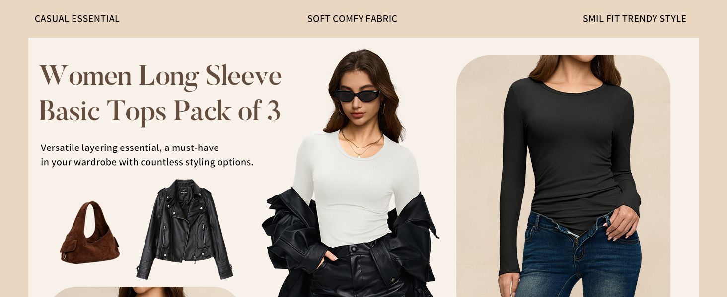 Shows the long sleeve tops styled with leather jackets and bags in real-world outfits to help shoppers envision versatile everyday wardrobe use.