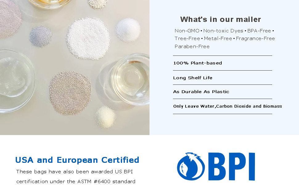 Lists multiple material and environmental benefits of the mailer such as plant-based, BPA-free, durable, and compostable to help shoppers quickly assess its safety and sustainability. Reassures…