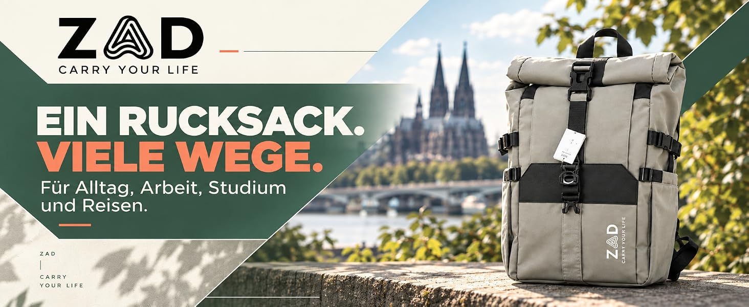 Shows the backpack suited to multiple scenarios including everyday use, work, study and travel to help shoppers see its versatility across their routines. Reinforces the ZAD brand identity with its…