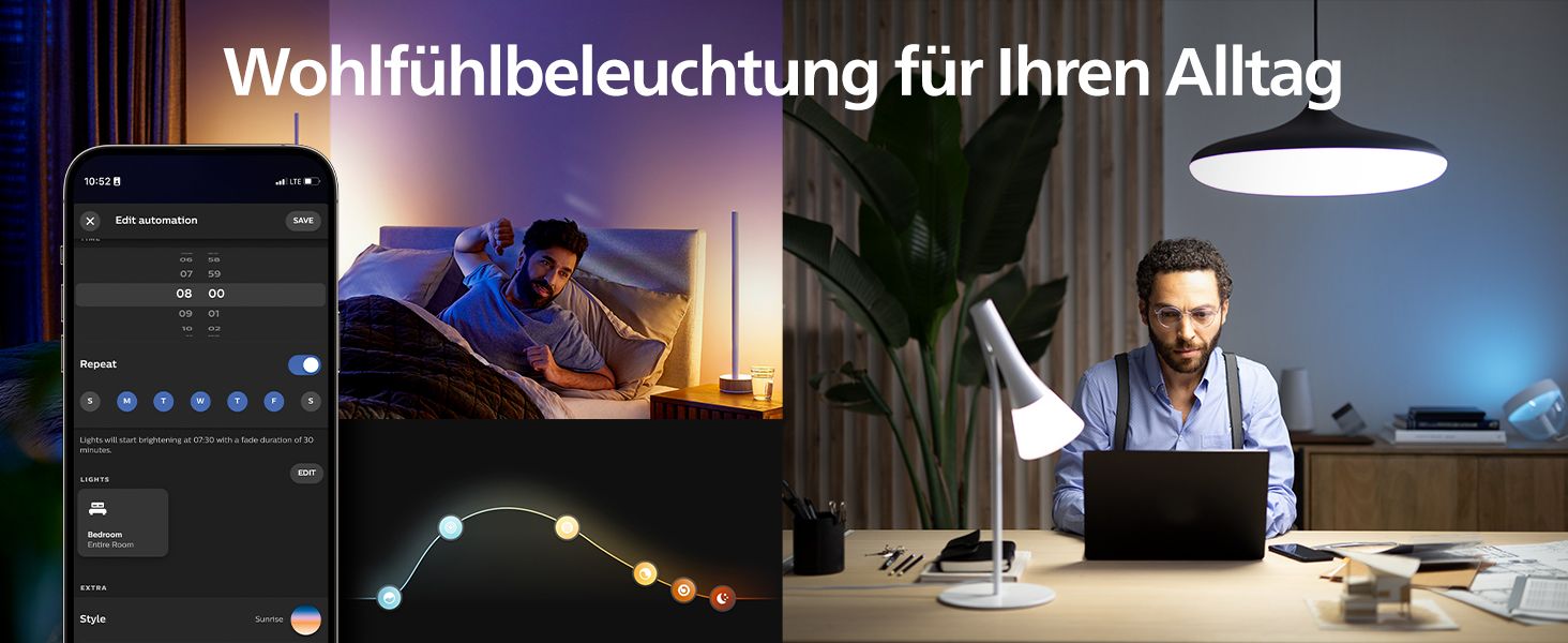 Shows smart lights creating a comfortable everyday atmosphere with app-based automation and daylight-style schedules to support wellbeing. Shows the lights in real bedroom and office settings to…