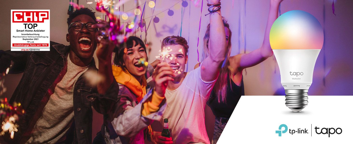 Presents the tp-link Tapo brand with its logo and a Chip TOP Smart Home Anbieter award badge to build brand trust. The lifestyle party scene and product bulb reinforce the brand identity. Uses the…