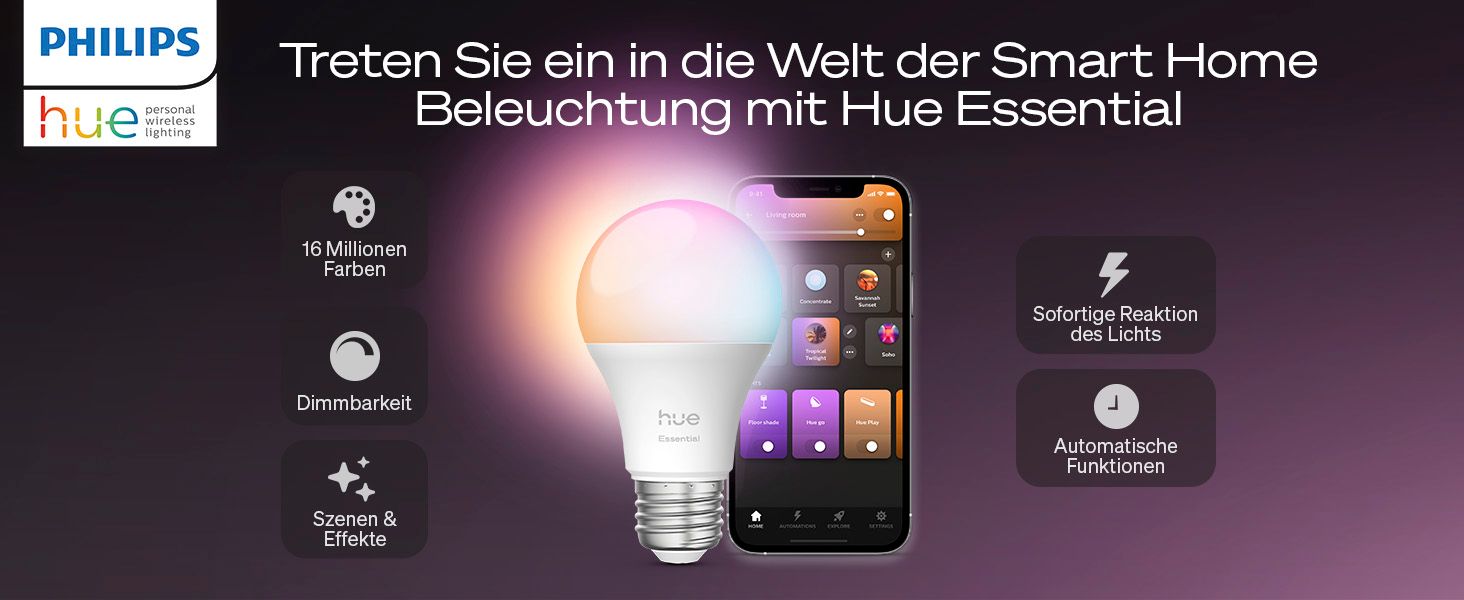 Shows several distinct smart lighting benefits in segmented callout panels so shoppers quickly see the range of color, dimming, scene, responsiveness and automation features of the Hue Essential…