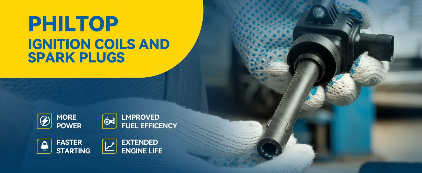 Highlights four key benefits of PHILTOP ignition coils and spark plugs in a segmented icon grid so shoppers quickly see the performance gains they can expect. Shows a gloved technician handling an…