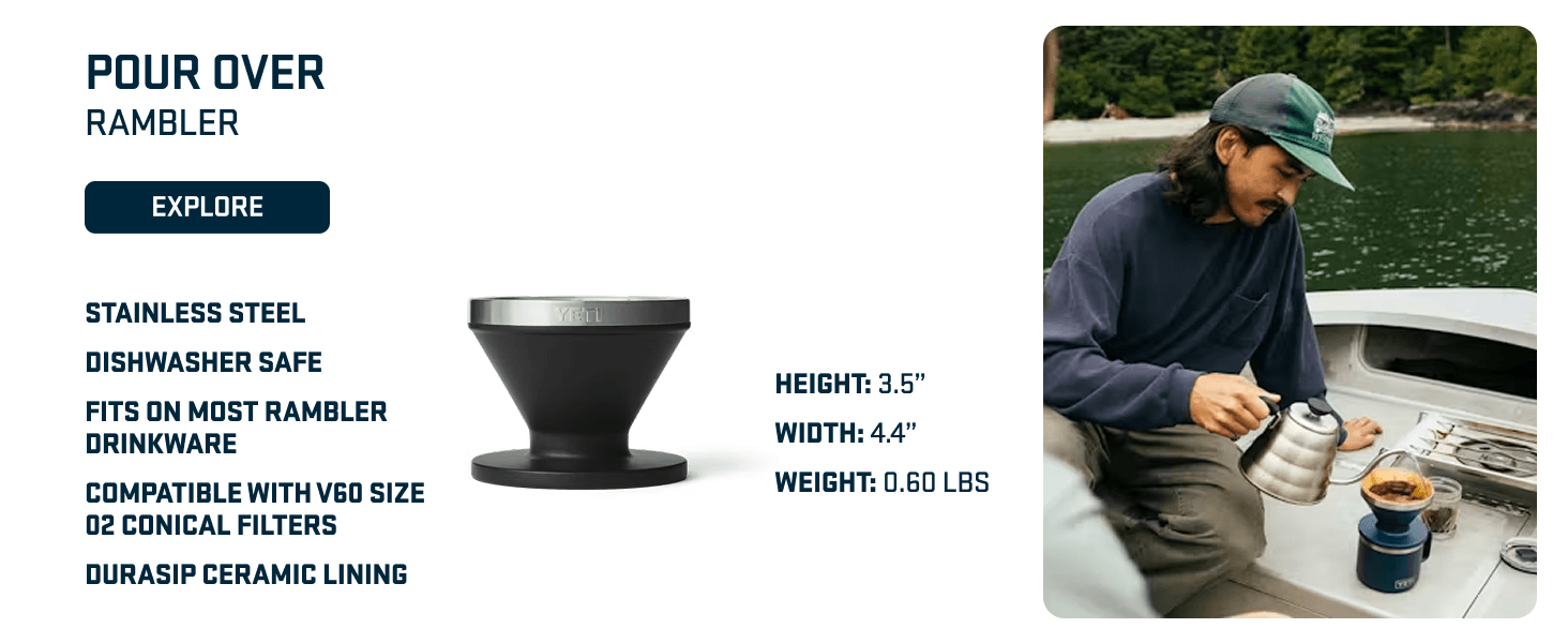 Highlights multiple product features including compatibility with other drinkware and sizing details to help shoppers understand the versatility and specifications of the Pour Over accessory.