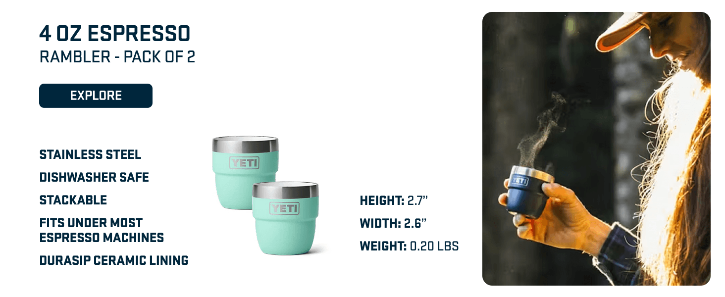 Highlights multiple product features including stackability, espresso machine compatibility, dimensions, and material benefits to help shoppers understand key selling points.