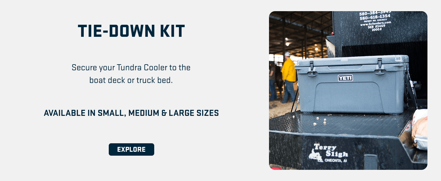 Showcases the tie-down kit accessory that allows shoppers to secure their cooler to boats or truck beds, emphasizing versatility and security during transport.