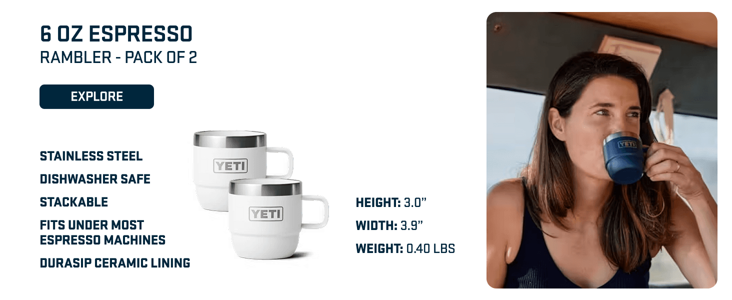 Showcases multiple product features and specifications in a visually organized layout to help shoppers understand key selling points and dimensions of the 6 oz Espresso cups.