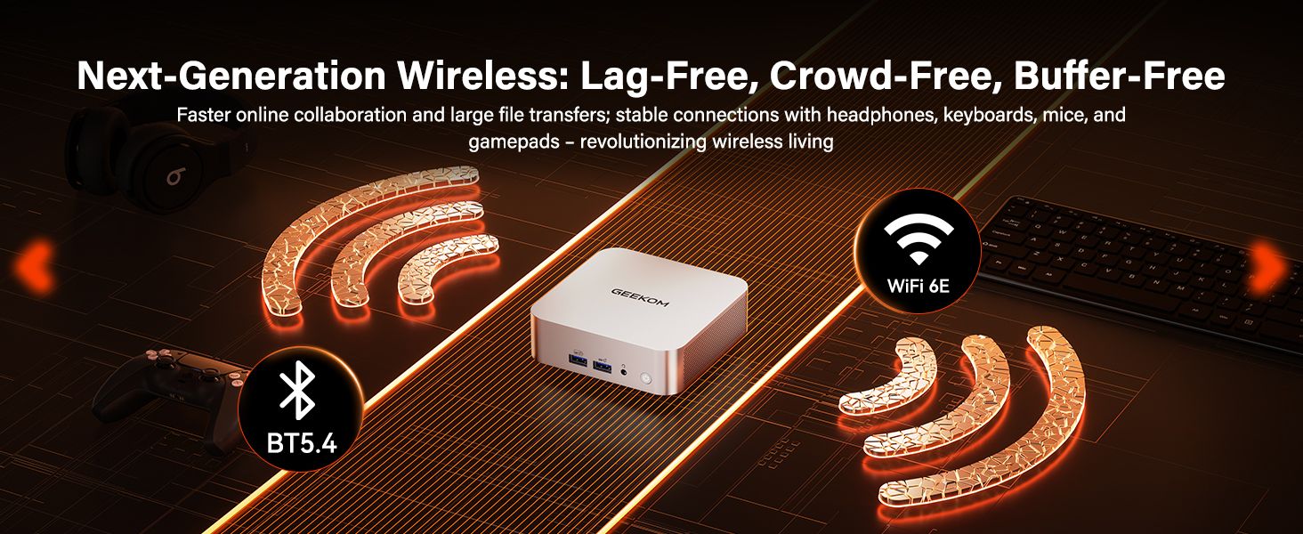 Presents multiple wireless connectivity benefits including Wi-Fi 6E and Bluetooth 5.4 to reassure shoppers of fast, stable connections with peripherals and networks.