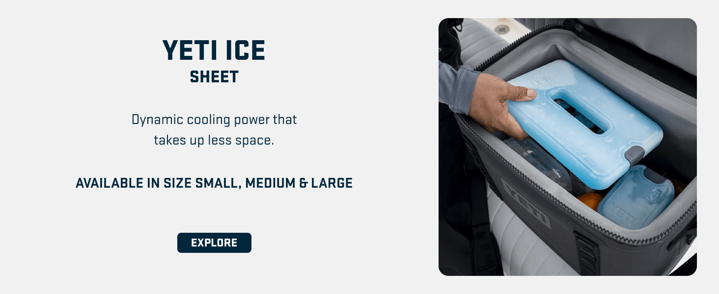 Showcases the YETI Ice Sheet accessory and its space-efficient design that provides dynamic cooling power while taking up less room in the cooler.