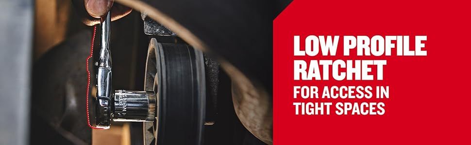 Highlights the ratchet's low profile design that allows access in tight spaces, helping customers understand a key functional benefit.