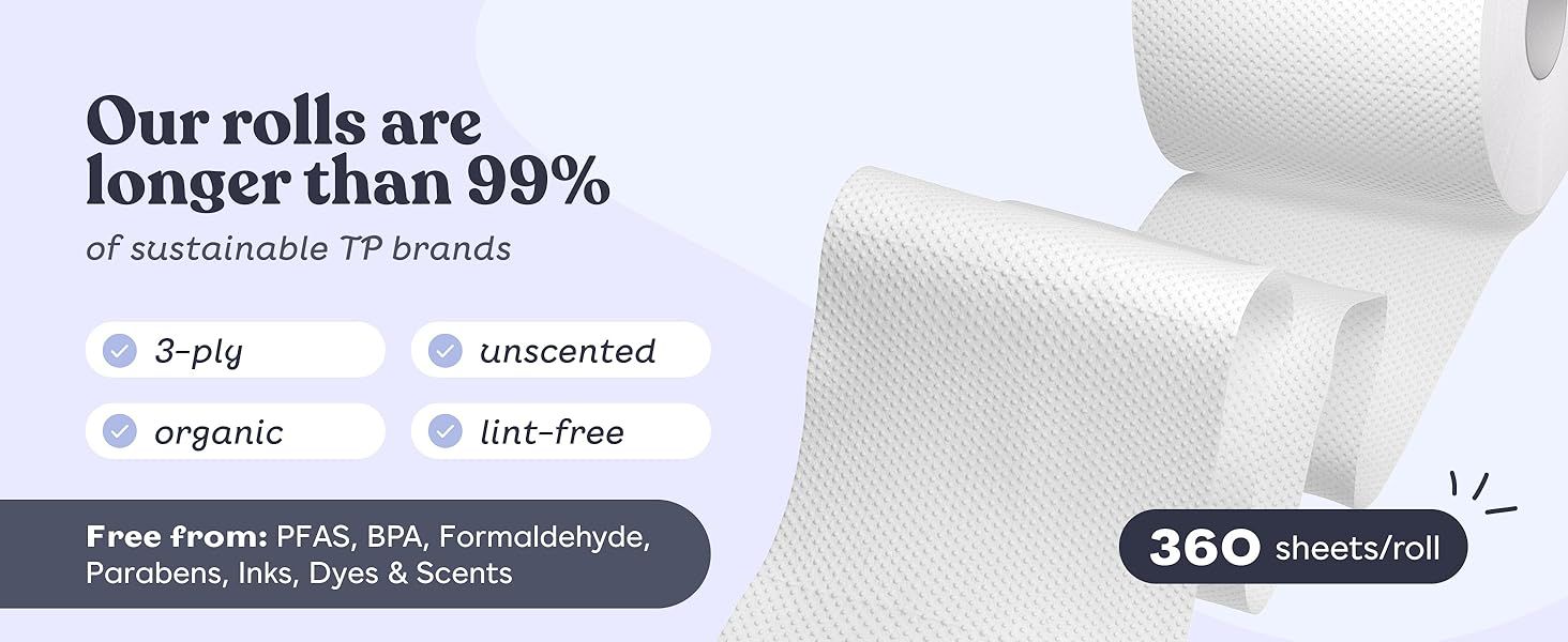 Highlights the superior length of the toilet paper rolls compared to competitors to demonstrate better value. Emphasizes the product's safety and eco-friendly qualities to appeal to health and…
