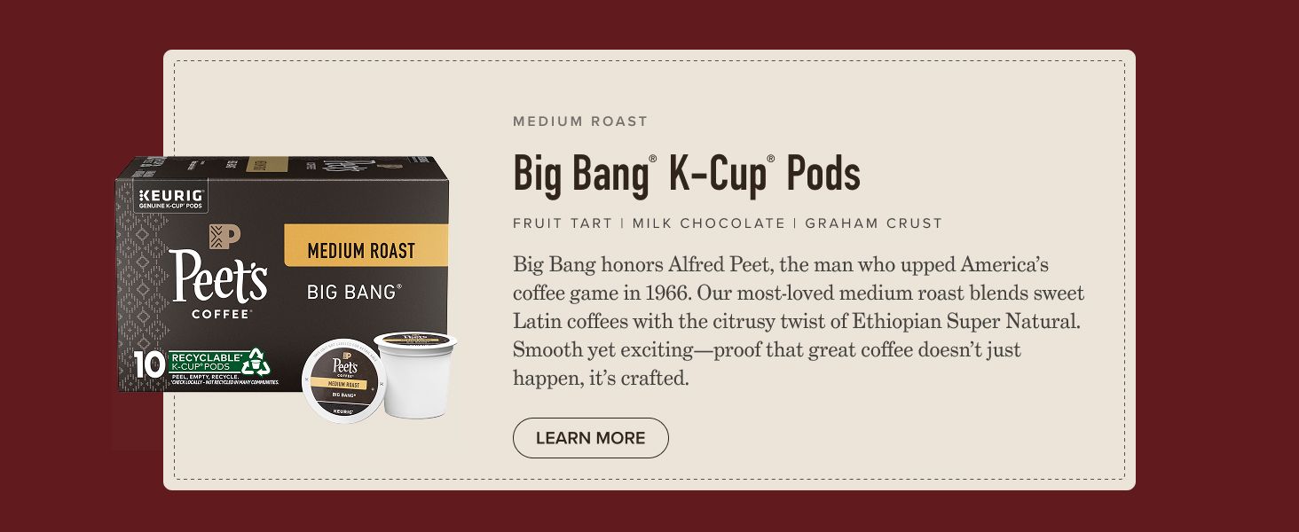 Communicates the brand heritage and story behind the Big Bang coffee blend, honoring Alfred Peet and building emotional connection with shoppers through storytelling about the products origins and…
