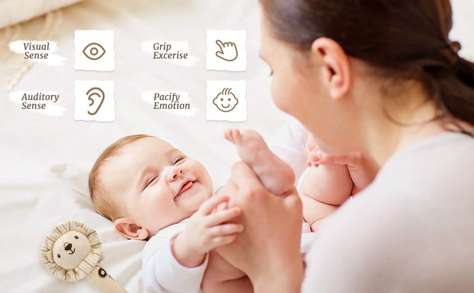 Highlights multiple developmental benefits of the product through a segmented icon layout, helping parents understand how the product supports their baby's sensory and emotional development.