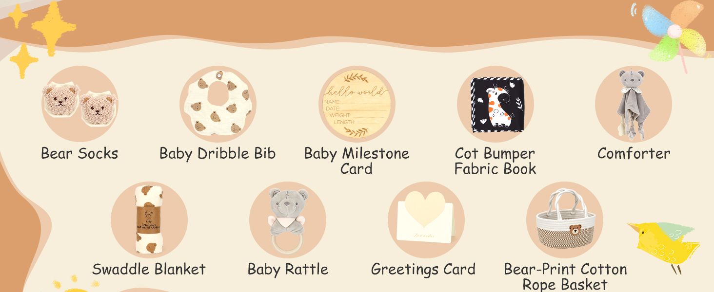 Shows all the items included in a baby gift set or bundle to help shoppers understand the complete package they will receive.