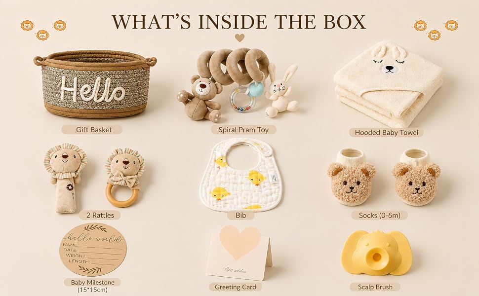 Shows all items included in the baby gift set to help shoppers understand the complete value and contents of their purchase.