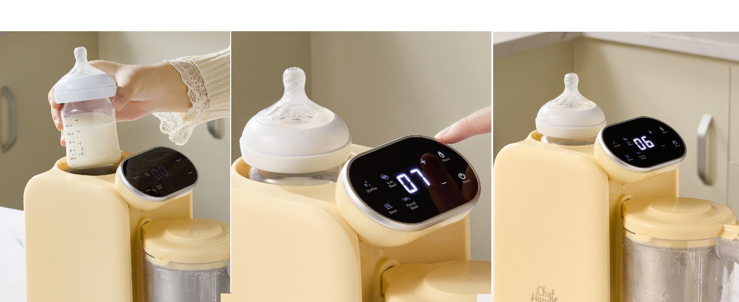 Demonstrates the step-by-step process of using the bottle warmer, showing shoppers how to place the bottle, set the timer, and complete the warming cycle.