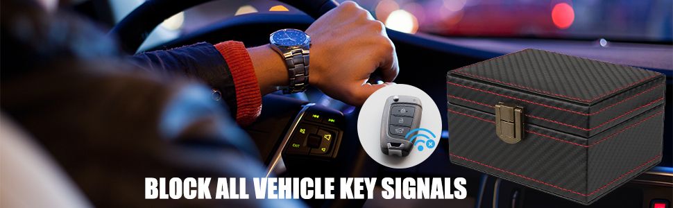 Communicates that the storage box blocks vehicle key signals to prevent theft and unauthorized access, providing security reassurance to shoppers.