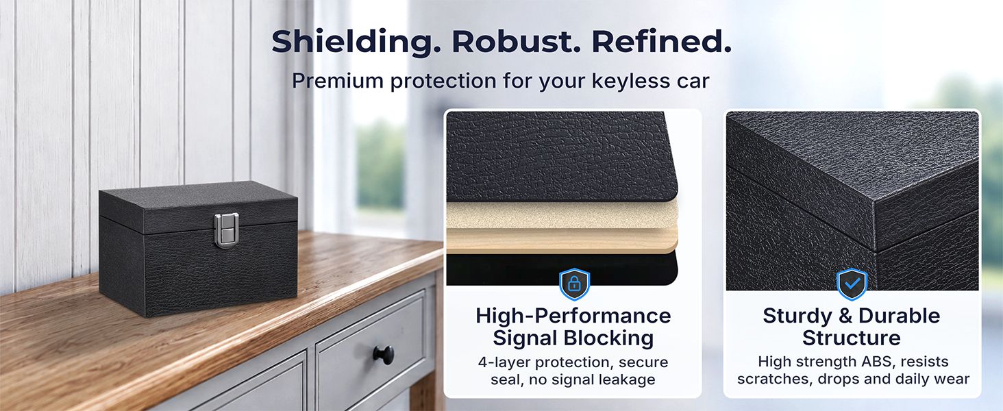 Highlights multiple key benefits of the keyless car protection box including signal blocking technology and durable construction to reassure shoppers about security and quality.